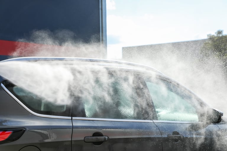 Car being cleaned with high-pressure jet
