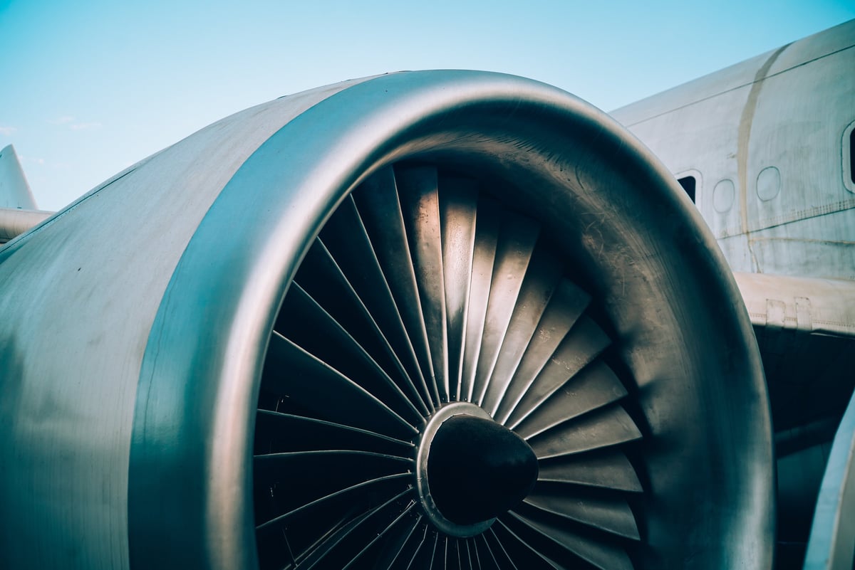 Close-up of jet engine turbine blades